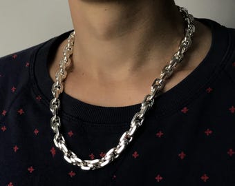Sterling Silver Anchor Chain Necklace: Oxidized Mens Chain