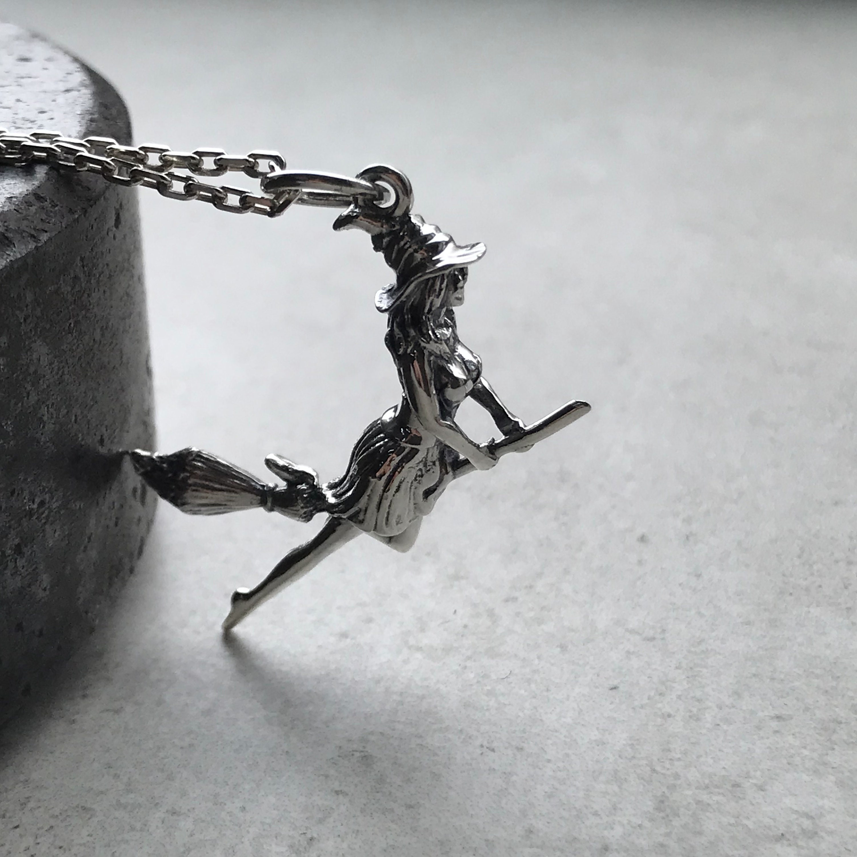 Sterling Silver Witch Pendant: Halloween Broomstick Necklace - Etsy