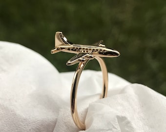Anel de avião em ouro 14k: joia de aviação feita à mão, presente de viagem