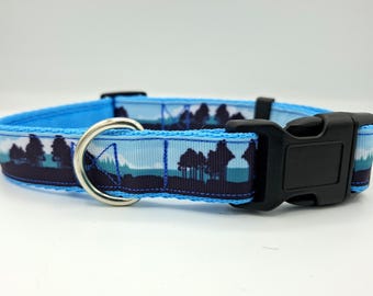 Forest Walks Dog Collar &/or Lead, Blue/Black Ribbon with 1" Cushion Webbing, Washable, Adjustable, Handmade in Cornwall UK