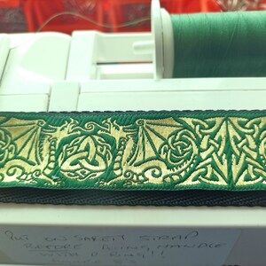 Dragon Green + Gold Celtic/Pagan/Viking/Gothic Dog Collar, 1.5" (38mm) Webbing, Black or Silver Buckle, L or XL, Handmade in the UK.