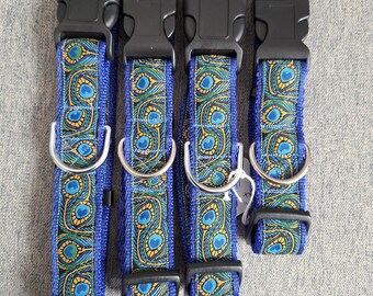 Blue/Green Peacock Feather Dog Collar, 1" (25mm) Cushion Webbing, Side Release Buckle, Adjustable, Washable, Handmade in Cornwall UK
