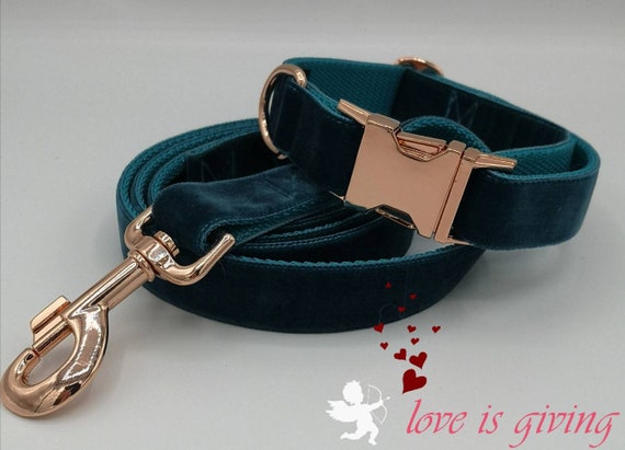 Teal Velvet Dog Collar & Opt Lead, 1" (25mm) Webbing, Rose Gold or Black Acetal Side Release Buckle, Adjustable, Washable, Handmade in UK