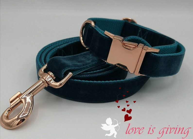May include: Teal velvet dog collar and leash set with rose gold hardware. The collar features a rose gold buckle, and the leash has a matching rose gold clasp. The set is designed for pets.