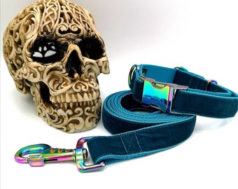 Teal Velvet Dog Collar & Optional Lead, 1" (25mm) Webbing, Rainbow Neo Chrome Buckle, Washable, Luxury Collar Handmade in UK