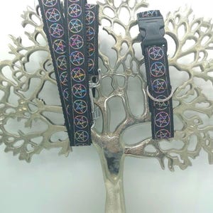 Wiccan, Pagan, Norse Pentacle Dog Collar & Opt Lead, 1" (25mm) Black Webbing with Variegated Sparkle Ribbon. Medium/Large dogs. Handmade UK.