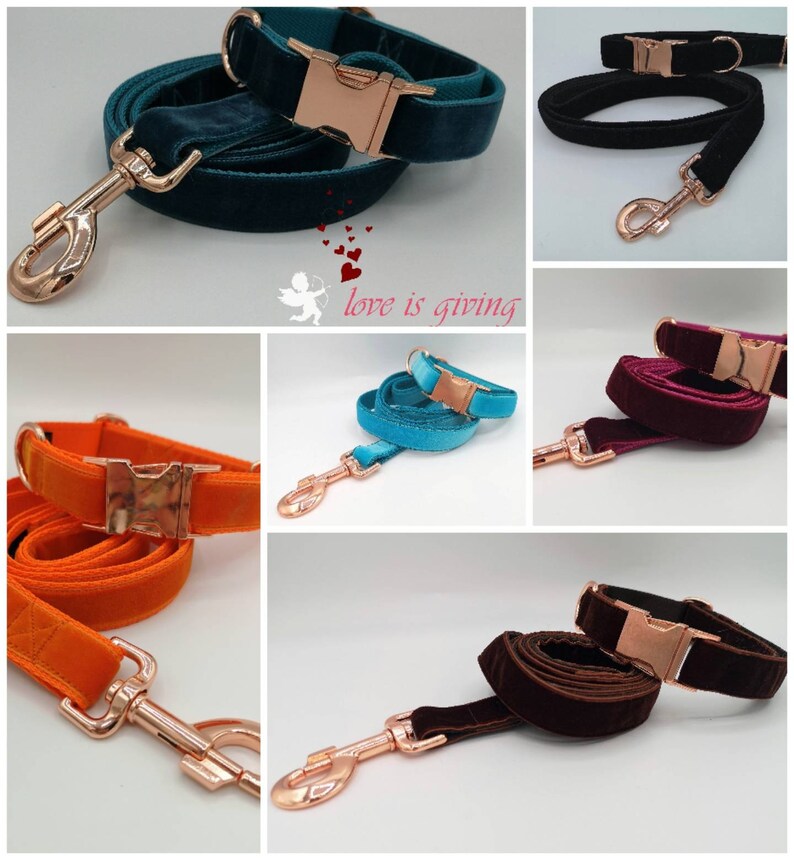May include: A collage of velvet dog collars and leashes in various colors, including teal, black, orange, turquoise, burgundy, and brown. Each set features a matching collar and leash with rose gold hardware, including a buckle and a leash clip. The phrase "love is giving" is in the image.