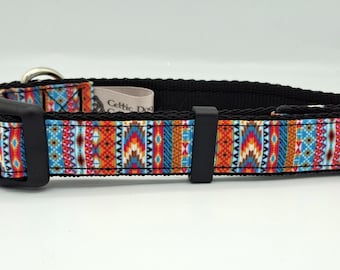 Colourful Aztec/Tribal Design Dog Collar, 1" (25mm) Wide Cushion Webbing, Washable. Adjustable. Handmade in Cornwall. Sizes S/M/L