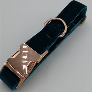 May include: A teal velvet dog collar with rose gold hardware. The collar features a rose gold buckle and a matching D-ring for leash attachment. The velvet material provides a soft, luxurious feel, while the hardware adds a touch of elegance.