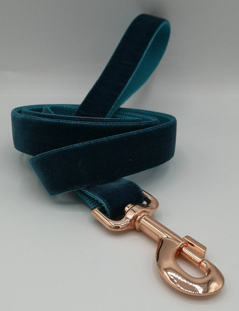 May include: A teal velvet dog leash with a rose gold-colored metal clasp. The leash is made of a soft, plush velvet material and has a matching teal backing. The clasp is a swivel style, designed for easy attachment to a dog's collar.