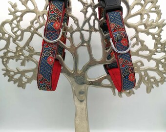 Chinese Floral Blue/Red/Gold Thread Jacquard Ribbon, Burgundy 1" (25mm) Cushion Webbing, Quick Release Buckle, Washable, Handmade in the UK