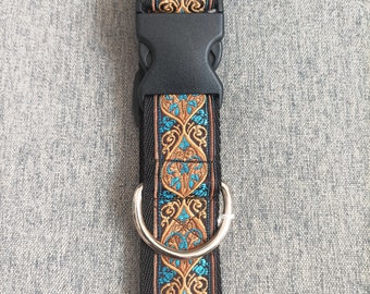 Renaissance Style Dog Collar, Jacquard Ribbon in Old Gold and Turquoise on 1.5" (38mm) Black Webbing, Adjustable, Washable, Handmade in UK
