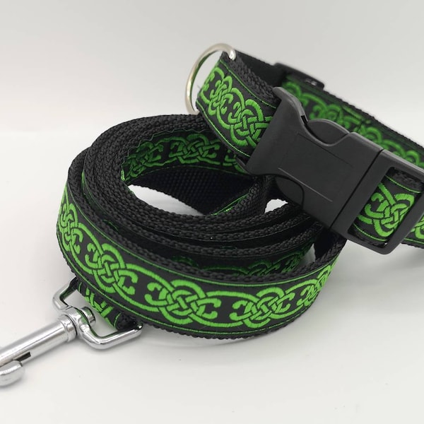 Green Celtic/Pagan/Viking/Irish Dog Collar & Opt Lead, 1" (25mm) Webbing, Black or Silver Buckle, Washable, Handmade in UK Dog Accessories.