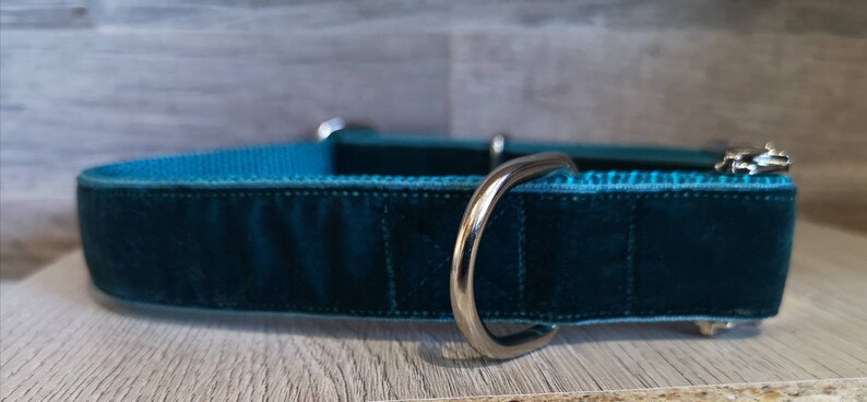 May include: A teal velvet dog collar with a silver metal D-ring and clasp. The collar has a teal nylon lining and is approximately 1 inch wide. The collar is designed for a dog.