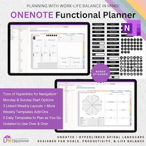 May include: A digital planner for OneNote with a purple and black color scheme. The planner includes a calendar, weekly layouts, and daily templates. The planner is designed for goals, productivity, and life balance. The image also includes a set of bonus stickers.