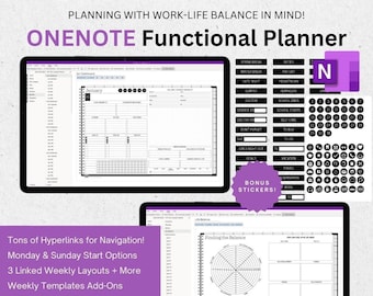 May include: A digital OneNote functional planner with a purple and white theme. The image shows two tablets displaying planner layouts, with additional stickers and text. The planner includes undated, hyperlinked spiral landscape designs for goals, productivity, and life balance.