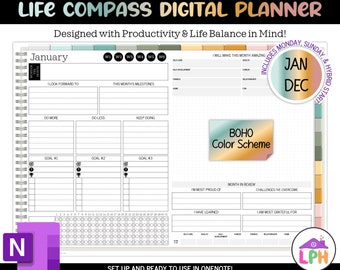 OneNote Digital Planner with Stickers for Goals and Life Balance | Jan Dec | Digital Planner for Surface Pro, PC, Mac, iPad, Android | Boho