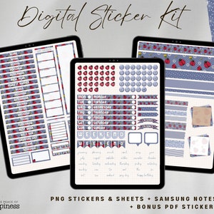 May include: Digital sticker kit with a blue and white background featuring red ladybugs and floral designs. The kit includes a variety of stickers, including daily, weekly, and monthly planner stickers, as well as notes and flags. The kit also includes a bonus PDF sticker book.