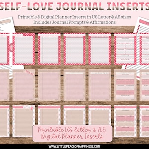 Plantillas digitales de mensajes de Self Love Journal, cartas de EE. UU. y inserciones de planificador A5: inserciones de gratitud y afirmación para llevar un diario para el cuidado personal