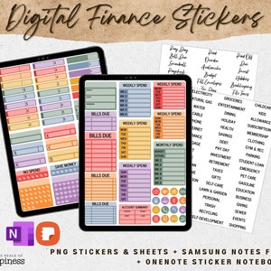 May include: Digital finance stickers for digital planning. The image shows two tablets displaying colourful financial planning templates. Includes PNG stickers and sheets, plus a Samsung Notes file and OneNote sticker notebook.