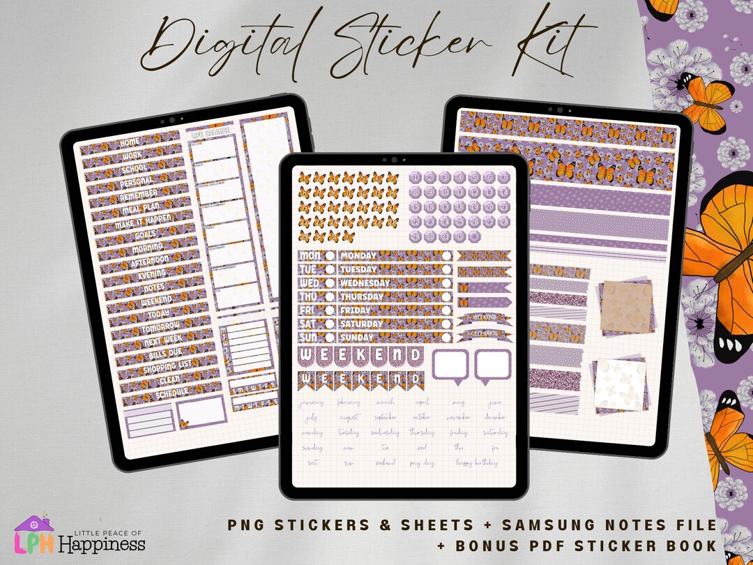 Purple Butterfly Digital Planner Stickers – Washi Tape, Checklists (PNG ...