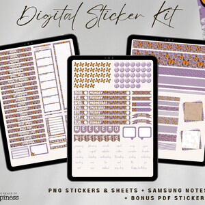 May include: Digital sticker kit with a purple and orange butterfly theme. The kit includes a variety of stickers, including days of the week, weekend, notes, and more. The kit also includes a printable sticker book.