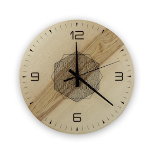 May include: A wooden clock with black hands and a geometric design in the centre. The clock face has black numbers 12, 9, 3, and 6.