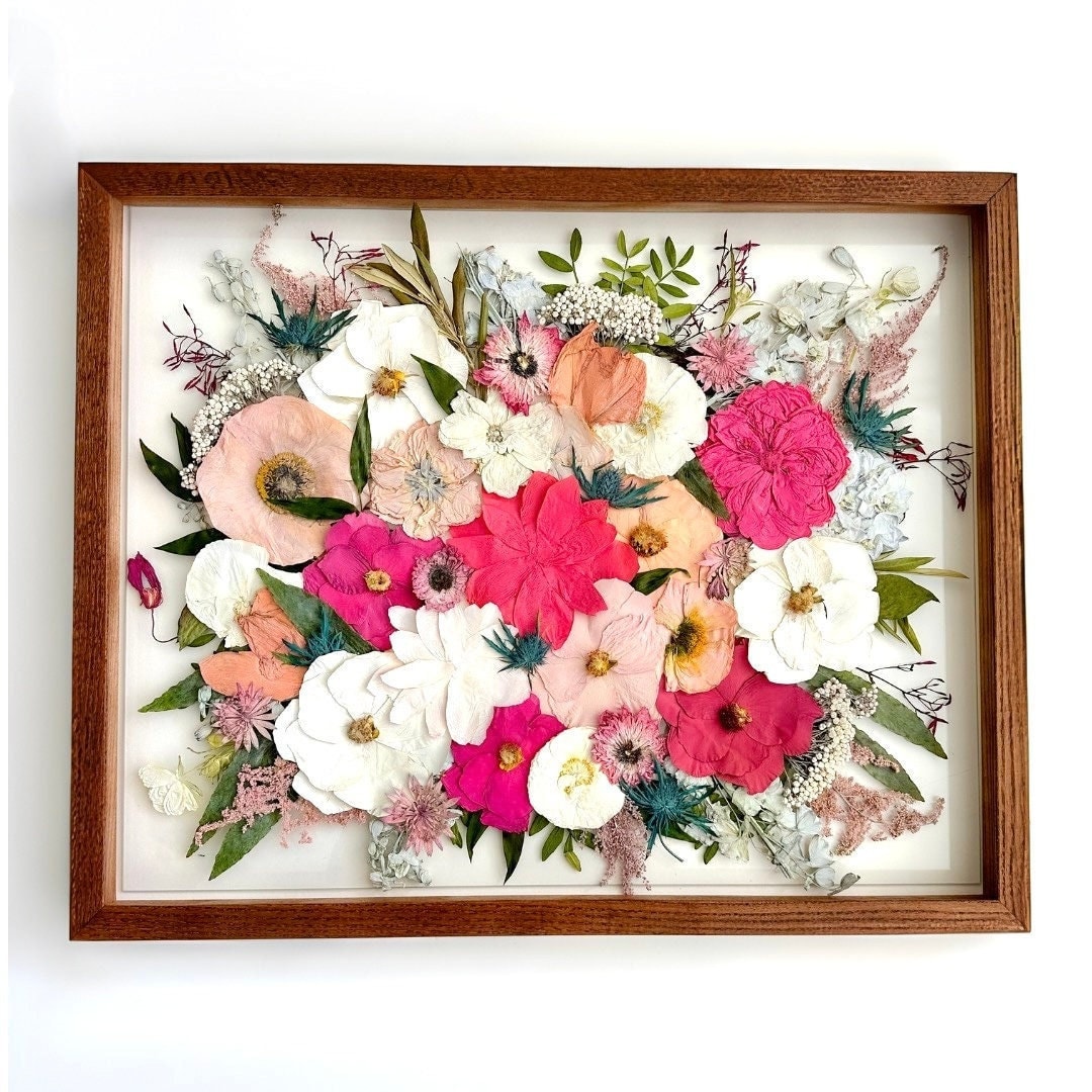 Pressed Bridal Bouquets | Preserved Wedding Bouquet | Framed Wedding Flowers | Bouquet Keepsake | Bridal Bouquet Preservation | Wedding Gift - 11x14, White Wood