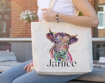 Rainbow Cow Tote bag, Personalised Long Handle Totebag, Large Shoulder Bag, Gift For Mum Or Nan, Colourful Cow