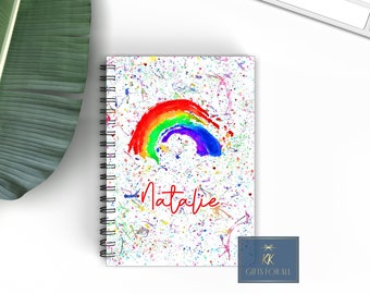 Rainbow Colourful Notebook, Gift For Mum, Friend, Birthday Gift For Her, Personalised Notepad, A5 Lined Note, Splatter Colourful Background