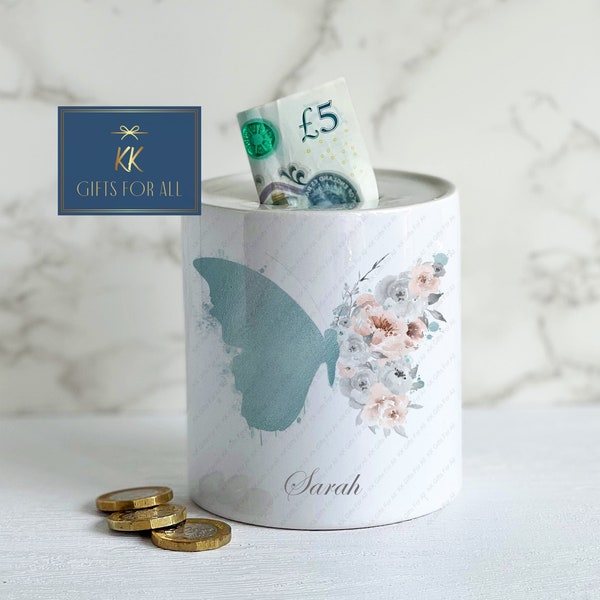 Personalised Money Box, Teal Butterfly Ceramic Savings Pot, Money Pot, Kids Piggy Bank, Adults Saving Box