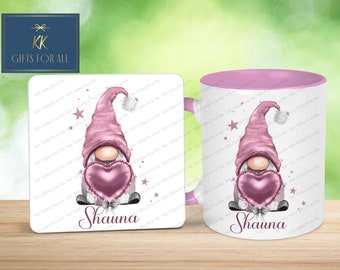 Pink Gonk Mug, Personalised Gonk Mug, Birthday Gift For Her, Valentines Gnome Mug, Personalised Mug And Coaster Gift, Custom Coaster, Pink