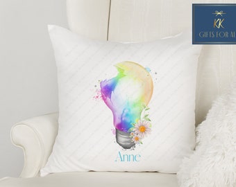 Personalised Cushion, Colourful Lightbulb Cushion, Home Decor Cushion, Gift For Her, Teenager Bedroom Decor Birthday Gift