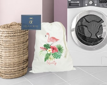 Flamingo Large Laundry Bag, Personalised Washing Sack, Laundry Basket Alternative, New Home Gift, Dirty Clothes Bag, Tropical Drawstring Bag
