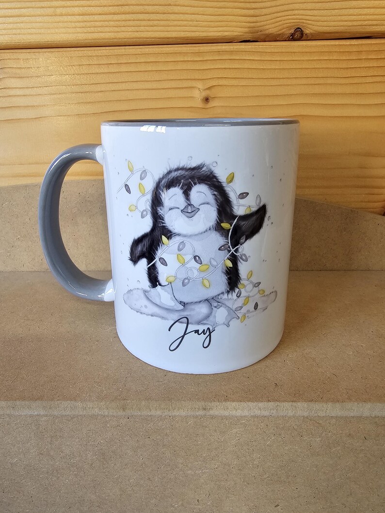 Personalised Christmas Penguin Mug, Sketch Penguin With Xmas Lights, Christmas Hot Choc Mug image 13