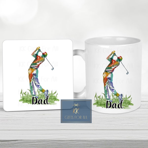 Male Golf Lover Gift, Personalised Golfing Gift, Dad's Birthday Gift, Gifts For Him, Mug And Coaster Gift Set, Watercolour Rainbow Golf Gift