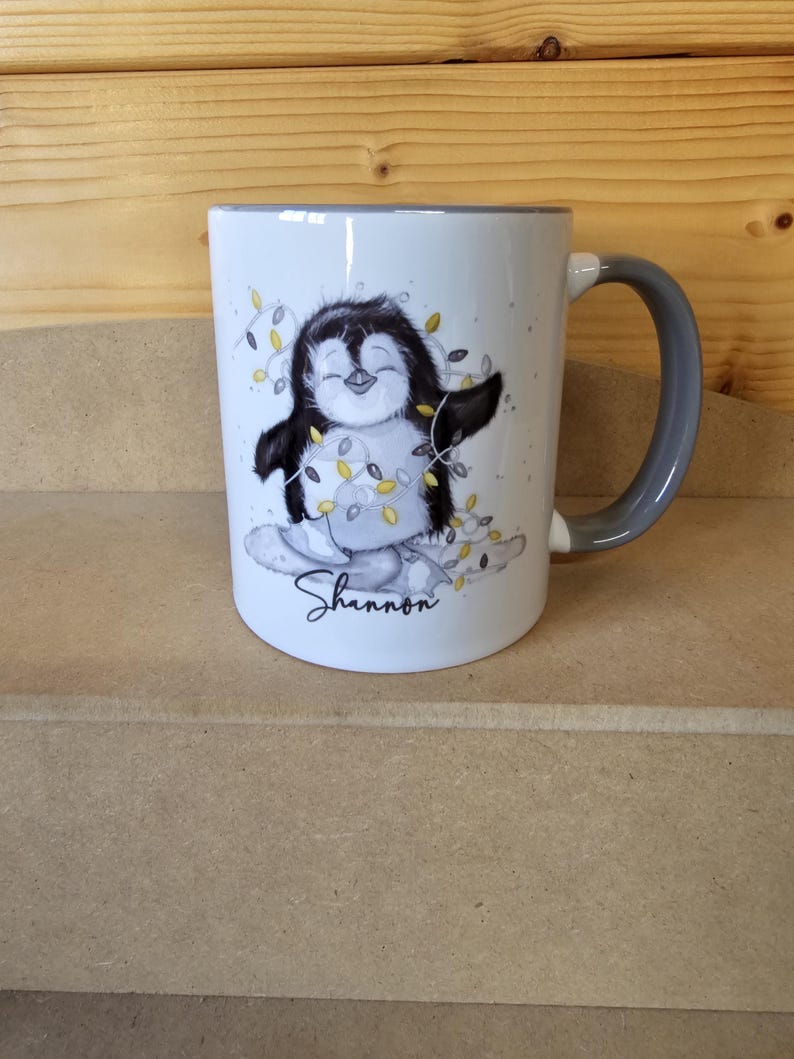 Personalised Christmas Penguin Mug, Sketch Penguin With Xmas Lights, Christmas Hot Choc Mug image 12