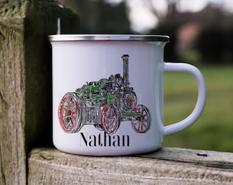 Personalised Steam Engine Enamel Mug, Vintage Traction Engine Gift