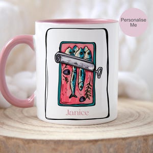 Sardine Lover Gifts, Personalised Sardine Mug & Coaster, Tinned Fish Print Mug, Fisherman Aesthetic Ocean Inspired