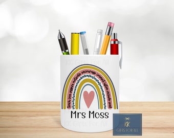 Personalised Teacher Pencil Pot, Desk Tidy, Teacher Gift, Thank You Miss, Rainbow Design Teacher Pen Pot, Teacher Appreciation, End Of Term