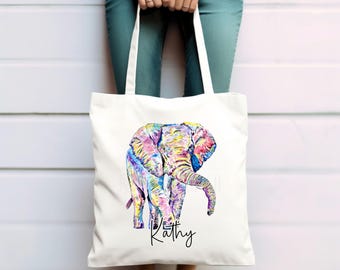 Rainbow Elephant Tote bag, Personalised Totebag, Large Totebag, Colourful Elephant Gift, Long Handle Bag