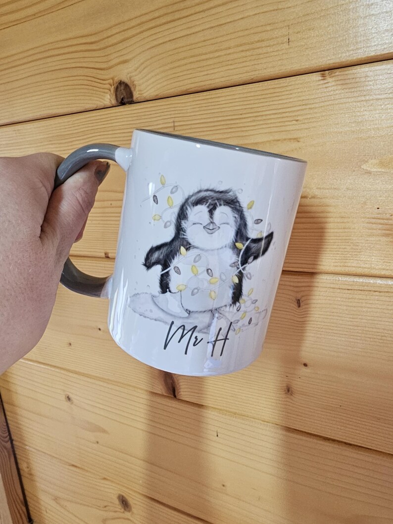 Personalised Christmas Penguin Mug, Sketch Penguin With Xmas Lights, Christmas Hot Choc Mug image 15