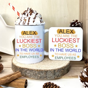 Best Boss Gift, Office Mug, Personalised Coffee Mug, Luckiest Boss In World From Employees, Matching Mug & Coaster Gift Set