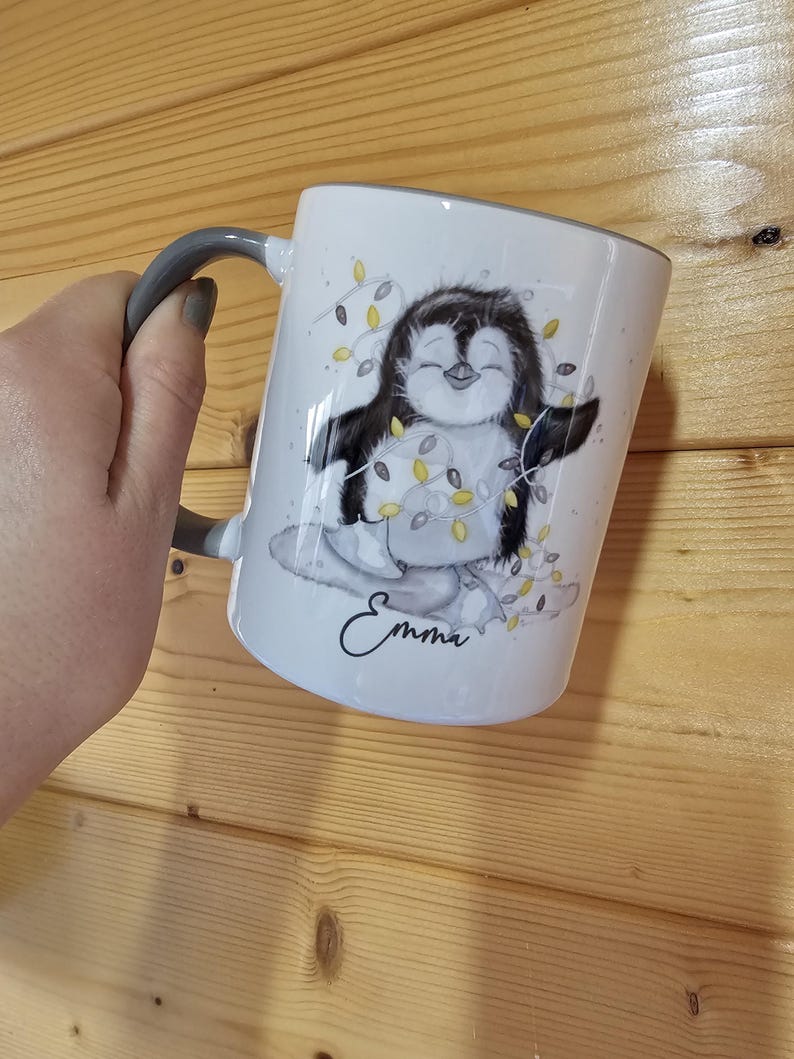 Personalised Christmas Penguin Mug, Sketch Penguin With Xmas Lights, Christmas Hot Choc Mug image 11