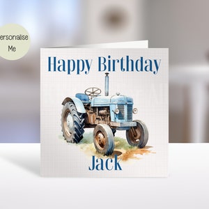 Carte tracteur personnalisée, carte d'anniversaire pour papa grand-père frère oncle fils, carte tracteur vintage bleue