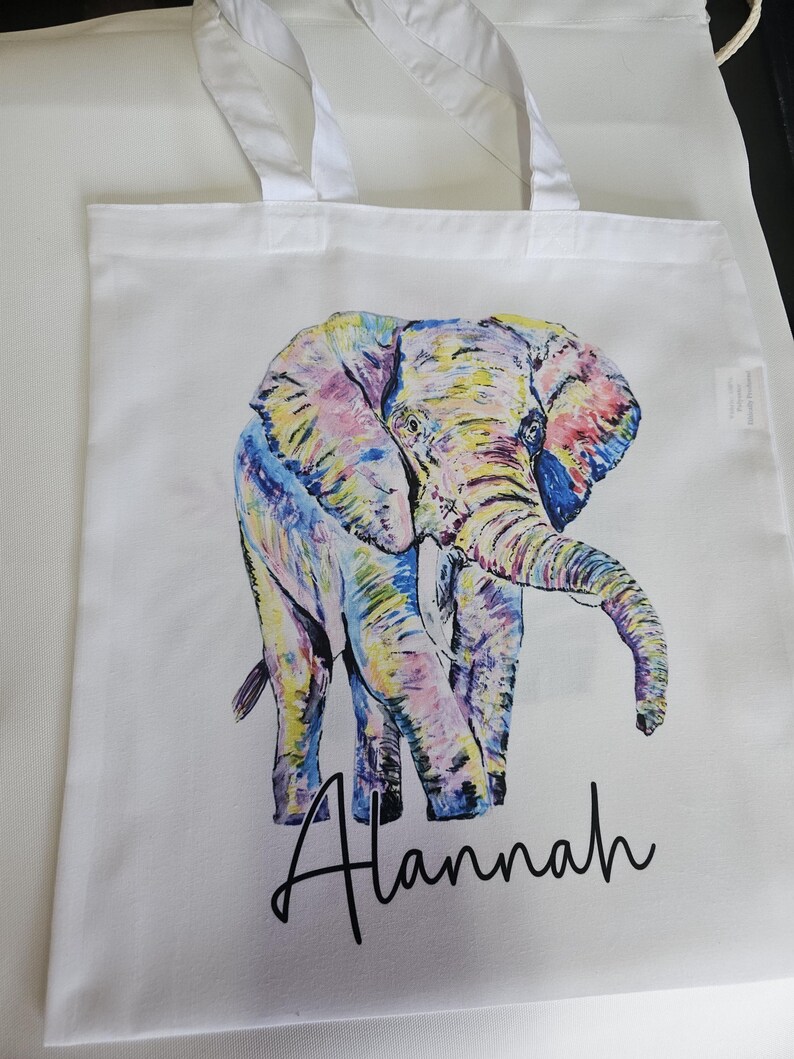 Rainbow Elephant Tote bag, Personalised Totebag, Large Totebag, Colourful Elephant Gift, Long Handle Bag image 8