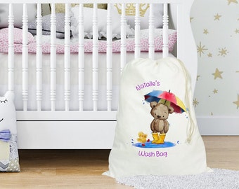 Personalised Children Laundry Bag, Cute Brown Bear Rainbow Umbrella In A Puddle, Large Washing Bag, Dirty Clothes