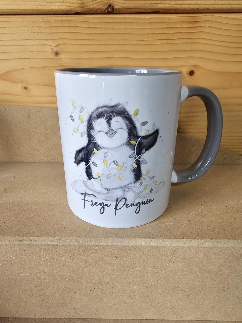 Personalised Christmas Penguin Mug, Sketch Penguin With Xmas Lights, Christmas Hot Choc Mug image 14