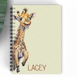 Giraffe Personalised A5 Lined Notebook, Yellow Safari Giraffe Gifts, Back To School Notebook