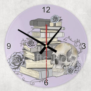 Skull Glass Clock, Lilac Skull Wall Clock, Gift For Gothic Skull Lover